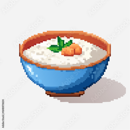 Pixel Art Illustration of Rice Porridge in Blue Bowl