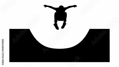 Silhouette of a person jumping over a halfpipe with arms outstretched against a white background image