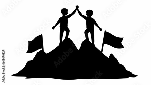 Silhouette illustration of two people high fiving on mountain peaks with flags marking the summit