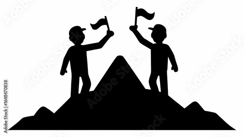 Two silhouetted figures on a mountain peak holding flags representing achievement and success in black and white