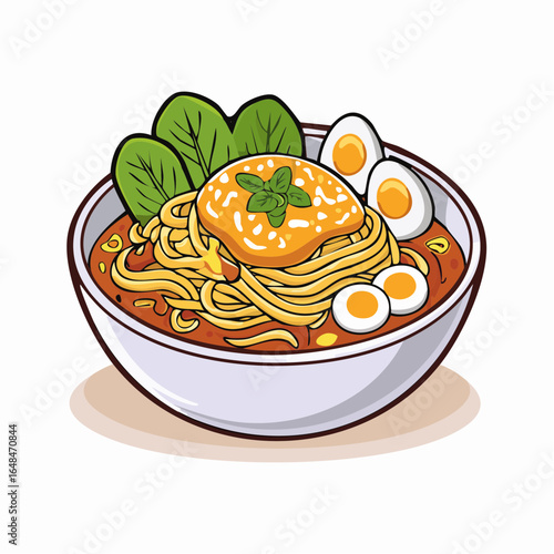 Cartoon Illustration of Noodle Bowl with Egg and Vegetables