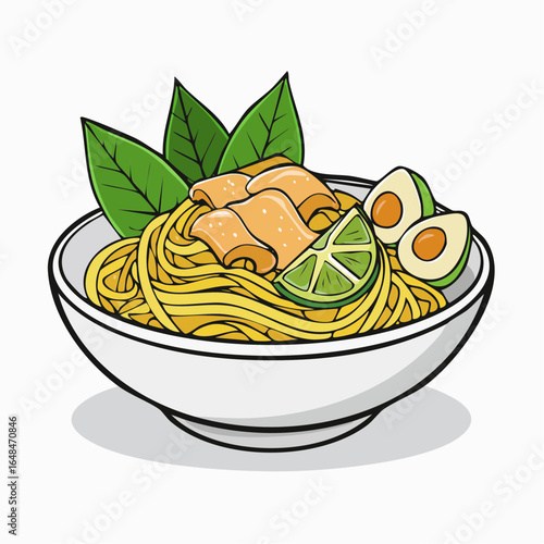 Cartoon Illustration of Noodle Bowl with Egg and Vegetables
