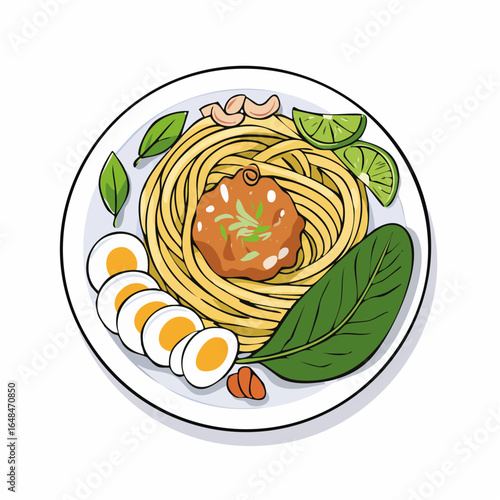 Cartoon Illustration of Noodle Bowl with Egg and Vegetables