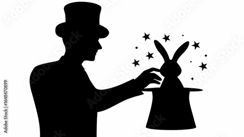 Silhouette of a magician with a top hat performing a magic trick with a rabbit and stars around it