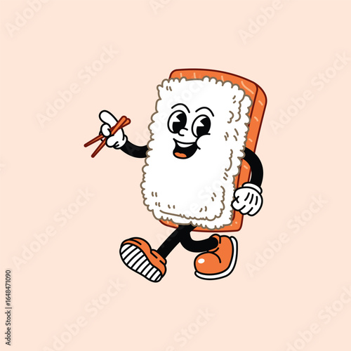 Cheerful Nigiri Sushi in Retro Vintage Mascot Character with gloved hand and foot, rubber hose cartoon style. Suitable for website, logo, infographics. Walk cheerfully and carry chopsticks.