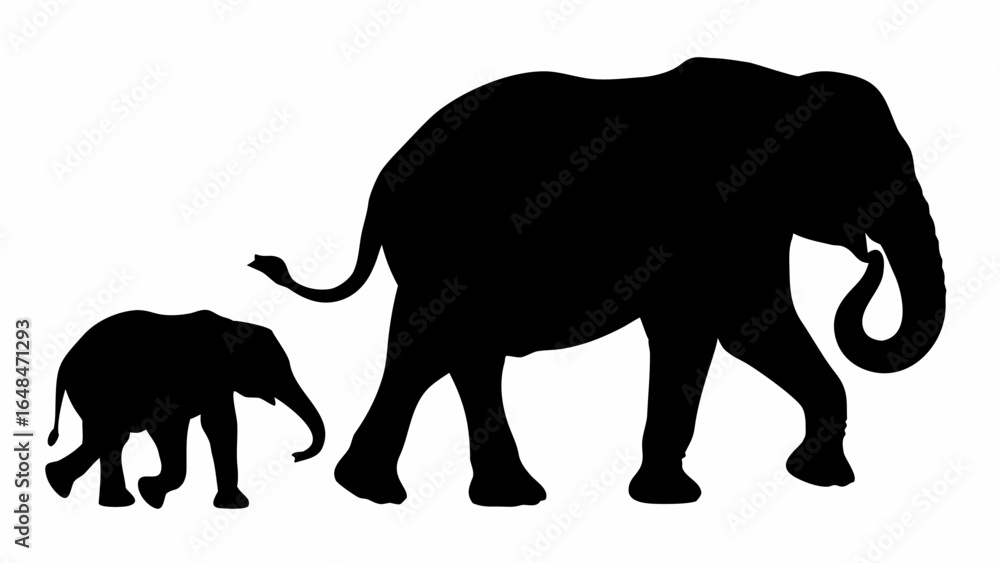 Fototapeta premium Silhouette of an adult elephant walking next to a baby elephant in black and white illustration style