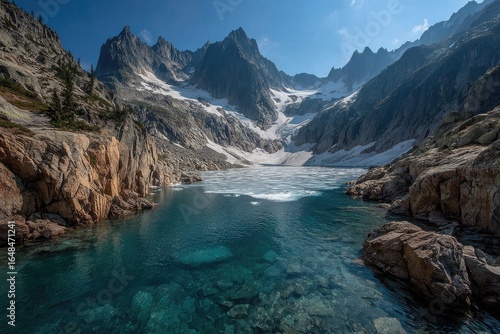 Majestic Alpine Lake with Jagged Peaks and Glacial Ice