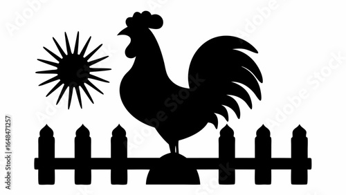 Silhouette of a rooster on a fence with a sun shining in the background in a black and white image