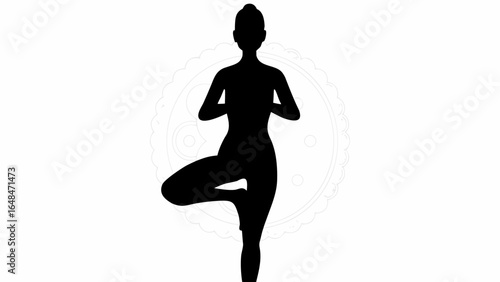 Silhouette of a woman in tree pose demonstrating yoga and balance with a decorative background element