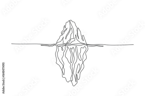 Floating iceberg in continuous one line drawing. Single line art illustration of tip of iceberg in the ocean.