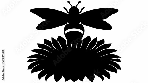 Silhouette of a bee hovering above a flower with detailed petals in black and white contrast design
