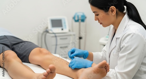 Focused acupuncturist performing treatment session on a patient's lower leg in clinical setting