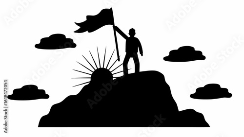 Silhouette of a person on a mountain peak holding a flag with sun rays and clouds in the background