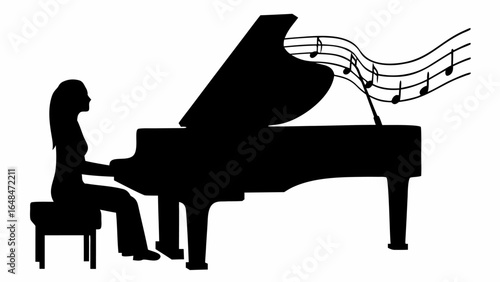 Silhouette of a woman playing a grand piano with musical notes floating above the instrument in black