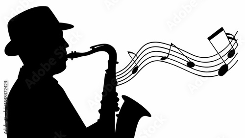 Silhouette of a musician playing saxophone with musical notes flowing from the instrument on white background