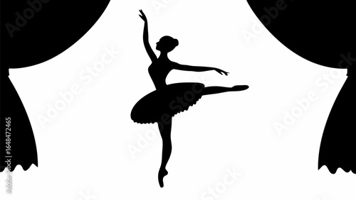 Silhouette of a ballerina in a tutu performing on stage with curtains in the background in black and white