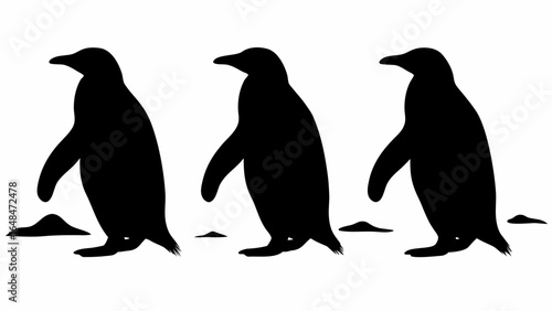 Three penguins in silhouette standing on a white surface with small dark patches of ground visible