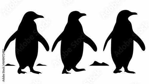 Three black penguin silhouettes standing side by side on a white background in a simple illustration