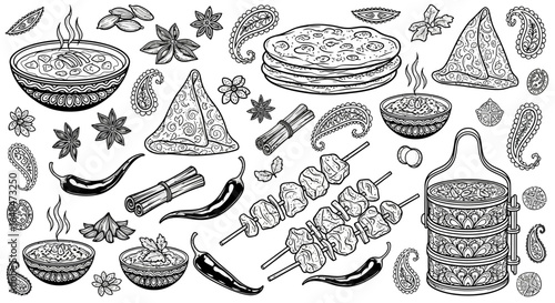 Indian Cuisine Handdrawn Food Line Art.