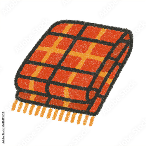 Warm plaid blanket in orange and red pattern with fringe details  