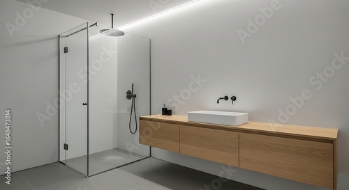 Minimalist bathroom design featuring walk-in shower and light wood floating vanity unit