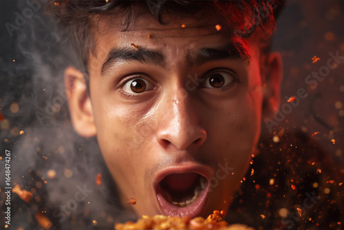 South Asian man’s shocked expression while tasting extremely spicy cuisine with steam bursting effect