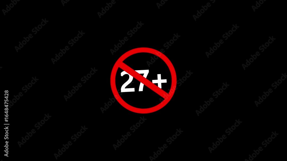 27 plus icon sign animation on dark background. Under 27 sign warning symbol. Over 27 only censored. eighteen age older. 4K animation
27 plus icon sign animation on dark background. Under 27 sign warning symbol. Over 27 only censored. eighteen age older. 4K animation