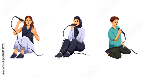 Illustration of People Singing with Microphone