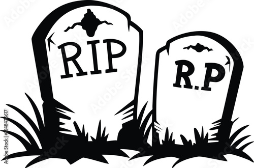 Two black and white tombstone gravestones with RIP and RP inscriptions emerging from grass, symbolizing remembrance and loss.
