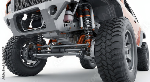 Close-up view of rugged off-road vehicle suspension system showcasing large tires heavy-duty shocks and durable chassis for extreme terrain driving adventure