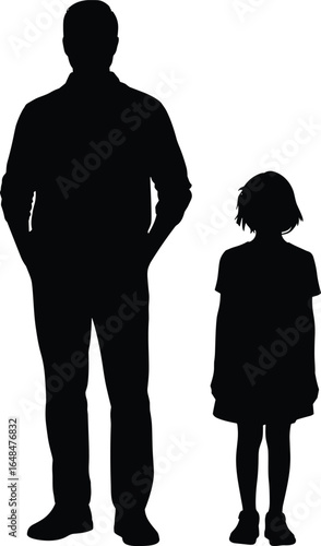 Silhouette of adult and child, standing side by side, height difference, generational contrast, black background, family concept, minimalist image.