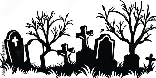 Spooky graveyard silhouette with gravestones and bare trees, perfect for Halloween themes and eerie atmospheres