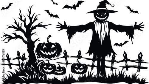 Spooky Halloween scarecrow with jack-o-lanterns and bats creates a classic eerie autumn scene perfect for festive decorations.