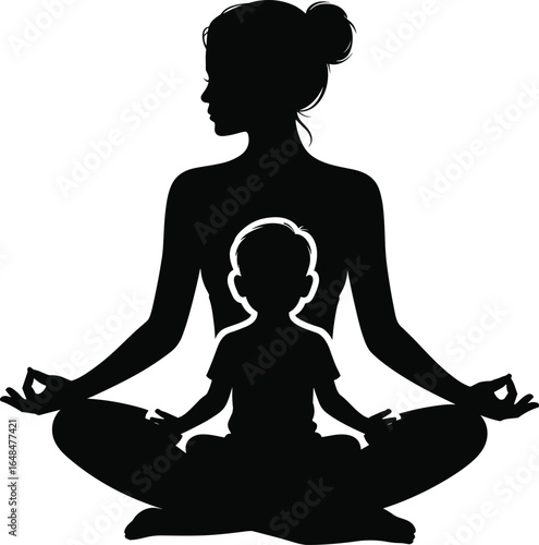 Meditation with child, mindfulness practice, family bonding, yoga session, mental wellness, relaxation technique, parent-child moment, inner peace, stress relief, tranquility.