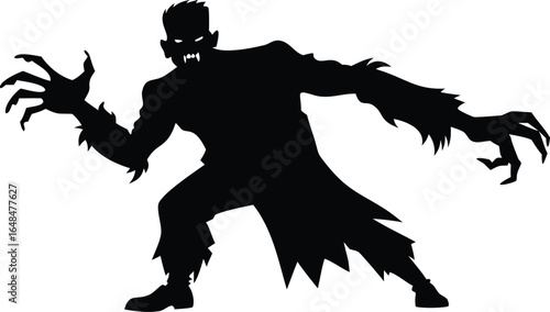 Terrifying monster silhouette menacingly advances with sharp claws and jagged edges, perfect for spooky Halloween designs.