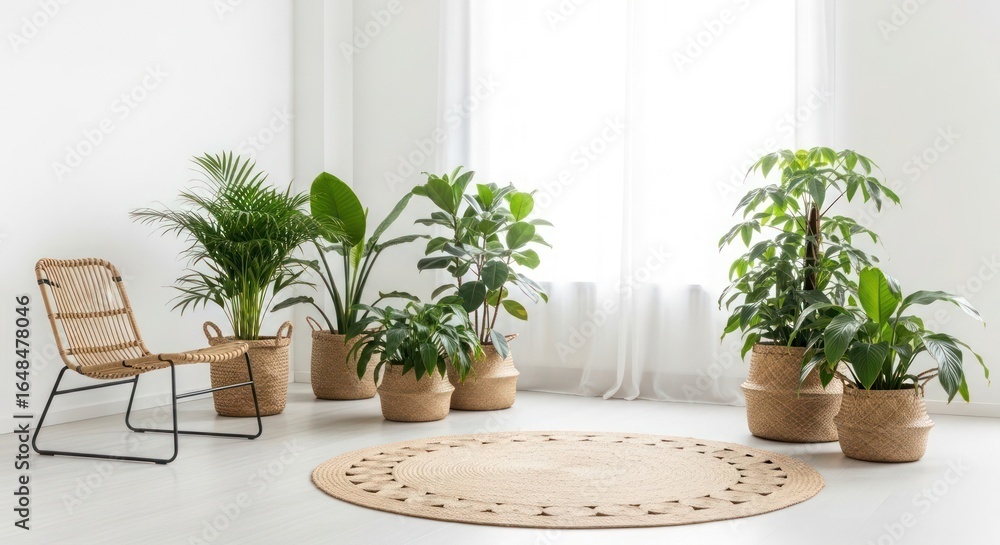 Fototapeta premium Bright room with various potted plants arranged on a jute rug near a wicker chair.