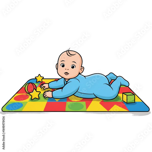 A cute baby is lying on a colorful play mat, surrounded by toys, enjoying tummy time and playing happily.