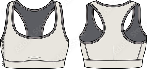 Modern women’s sports bra flat sketch, vector illustration, front and back view, athletic wear, racerback design, fitness apparel, activewear clothing.