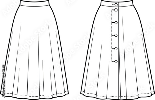 Vector illustration of women’s midi skirt with front and back views, button detail, pleated design, fashion garment, casual wear.