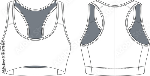 Vector sketch of women’s sports bra front and back view, racerback design, fitness wear, breathable activewear, workout clothing illustration.