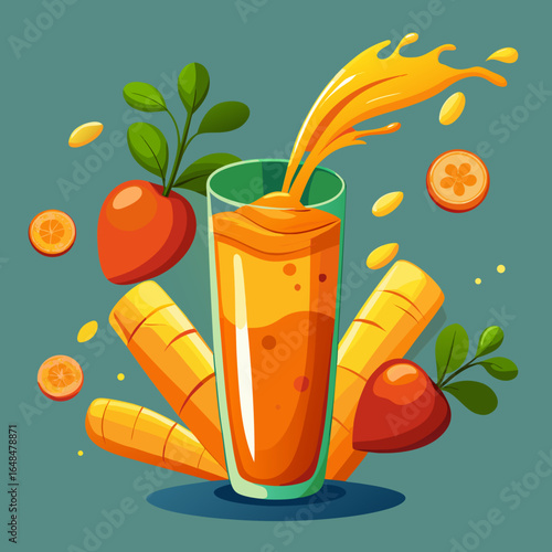 Refreshing orange juice splashing from a glass surrounded by carrots and beetroot