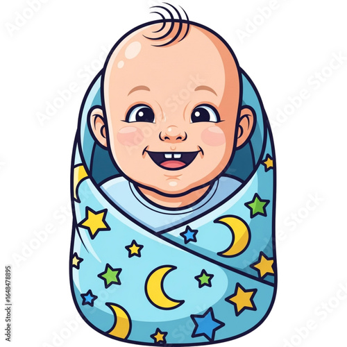 Adorable cartoon baby boy smiling happily, swaddled in a cozy blue blanket with a celestial moon and stars pattern, a cute infant character icon.