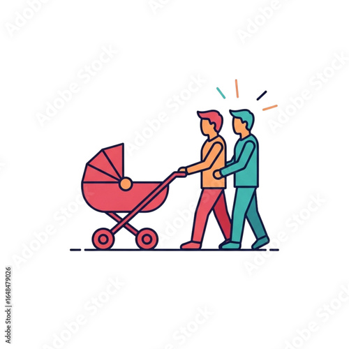 Vibrant flat illustration embodying the heartwarming concept of modern family, showcasing two loving fathers pushing a baby stroller, symbolizing contemporary parenthood and inclusive life.