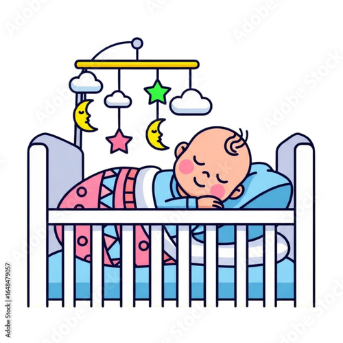 Adorable Baby Boy Sleeping Soundly in a Crib A Peaceful Cartoon Illustration with Mobile Stars and Clouds, Perfect for Baby-Related Designs