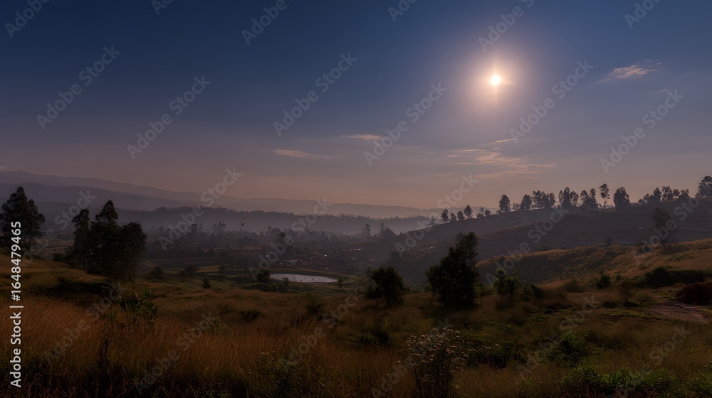 Obraz premium A sunlit vista of rolling hills and a valley below.