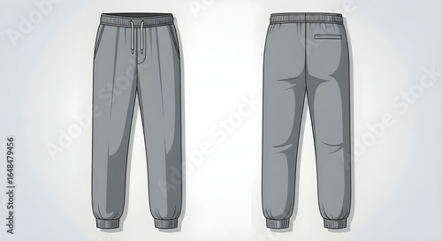 Grey sweatpants mockup, presenting detailed front and back views. Ideal for showcasing comfortable activewear, loungewear, or casual apparel designs.