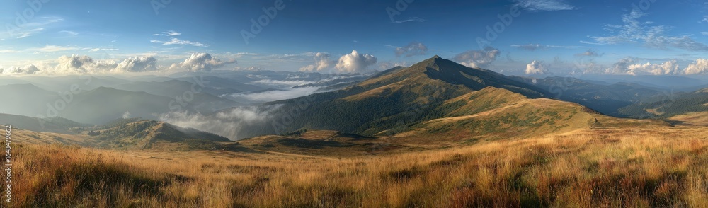 Obraz premium Panoramic mountain vista, golden grasses, and hazy valleys