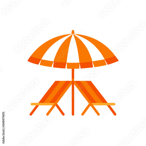 Relaxing beach scene with two sun loungers and a vibrant umbrella, perfect for vacation and leisure marketing