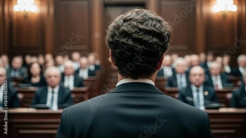 Wallpaper Mural Overtheshoulder view of a young professional addressing a serious audience in a grand woodpaneled courtroom or government chamber. Torontodigital.ca