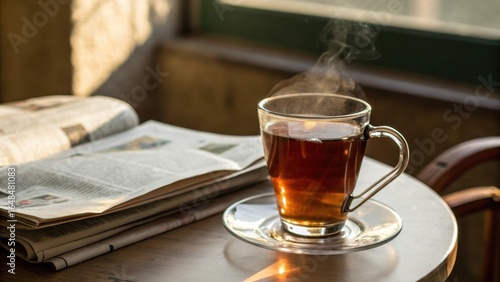 Warm cup of tea beside an open newspaper on a wooden table.